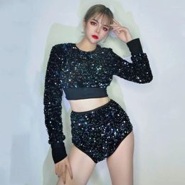 Stage Wear Glitter Sequins High Waist Shorts Tops Dance Outfit Bar Nightclub Women DJ Singer Team Performance Costume 2 Piece Set