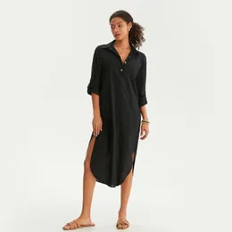 Solid Colour Long Sleeve Lapel Side Slit Mid-Length Shirt Dress Beachwear Women Spring Summer Loose Bathing Suit Cover-Up