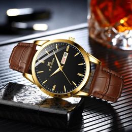 Wristwatches 2024 Men's Business Watch Classic British Style Leather Gold Black Casual Quartz Luxury Glow Men Waterproof Wristwatch