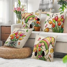 Pillow 1pc Spring-Summer Themed Gnome And Tulip Flower Pillowcases Machine Washable - Perfect For Sofa Seasonal Home Decor