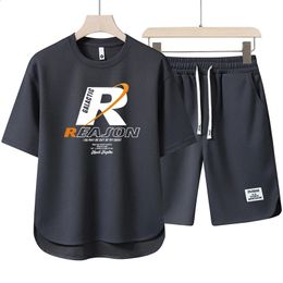 Summer Casual Mens Suit Japan High Street Harajuku Top Shorts Two Piece Set Anime Print Tee Short Pants Mens Wear Sports Suit 240429