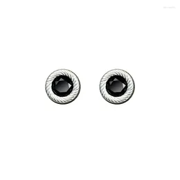 Stud Earrings Sterling Silver For Women's Platinum Plated Round Thread Black Agate Fashion Jewellery Festival Gifts