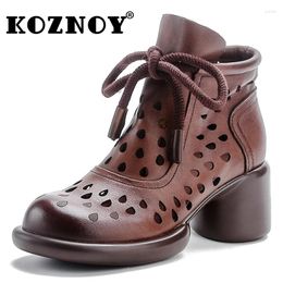 Boots Koznoy 6cm Summer Women Motorcycle Hollow Designer Moccasins Natural Genuine Leather Sandals Ankle Mid Calf Booties Shoes