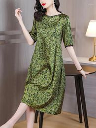 Party Dresses Women Green Floral Silk Satin Midi Dress Summer Fashion Short Sleeve Loose Waist 2024 Korean Vintage Luxury Elegant