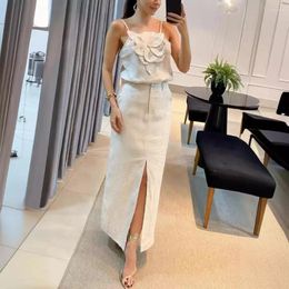 Work Dresses Women Elegant Top Skirt Set Sexy Suspenders Applique Vest Sleeveless Female Slim Cotton Linen Spring Summer Dress Sets