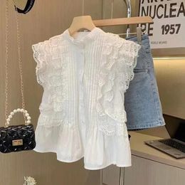 Women's Blouses Summer 2024 Flying Sleeve White Shirts Woman Vintage Sleeveless Ruffled Lace Blouse For Elegant Casual Sweet Tops 27709