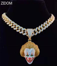 Men Women Hip Hop Movie Clown Pendant Necklace with 13mm Miami Cuban Chain Iced Out Bling HipHop Necklaces Male Charm Jewelry2438768