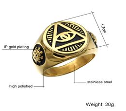 Punk Cool Gold Colour Titanium Stainless Steel Illuminati Pyramid Evil Eye Symbol Signet Rings for Men Jewelry9477381