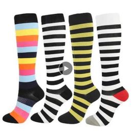 Socks Hosiery Colorful Striped Sports Tights For Men Women Suitable For Running Slim Fitting Unisex Outdoor Cycling Hiking Long Length Tights Y240504