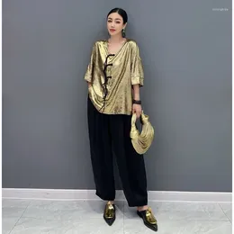 Women's Pants 2PCS Chinese Design Clothes Set Female Summer Suit Half Sleeve V Collar Tops Black Harem Calf Length Trousers