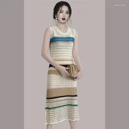 Party Dresses South Korea Hollow Out Ice Silk Knitting The Summer Harvest Waist Stripe Color Skirt With Shoulder-straps Two Suits Dress