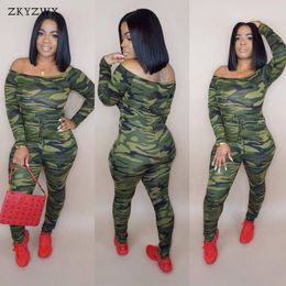 ZKYZWX Sexy Camouflage Bodycon Jumpsuit Women Romper Off Shoulder Long Sleeve Camo Printed Jumpsuits Female Streetwear Overalls 162v