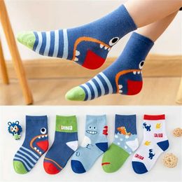 Kids Socks 5 pairs of casual cute cartoon dinosaur knitted socks soft comfortable and breathable accessories for boys and girls Y240504