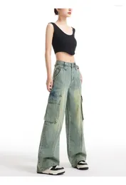Women's Jeans Women Retro Pockets Wide Leg Baggy Casual Style Denim Trouser Harajuku High Waist Loose 2024 Winter Vintage Fashion Pants