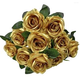 Decorative Flowers Rose Gold Flower Bouquet Fake Vases For Wedding Decorations Silk Roses Artificial