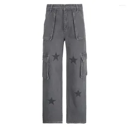 Women's Jeans Vintage 90S Grey Star Print Gothic Straight Pants Y2K Streetwear Grunge Baggy 2024 Spring Fairycore E-Girls Denim Trousers