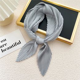 Summer Silk Pleated Square Scarf For Women Solid Color Decorative Headscarf Soft Comfortable Satin Neckerchief Female Head Wraps 240430