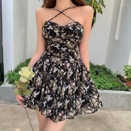 Casual Dresses French Floral Sling Dress Women Chic Backless Summer Sexy Mini Beach Spaghetti Strap Sundress 2024 Female Robe
