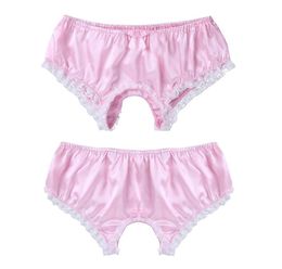 Mens Sissy Open Crotch Briefs Male Skirted Gay Underwear Sexy Soft Shiny Satin Ruffled Lace Trim Panties Men Crotchless Thongs Und6234994