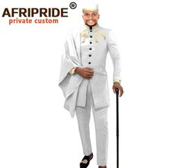 African Men Clothing for Party Wedding Dashiki Printed Coats Ankara Pants and Hat 3 Piece Set Tribal Suit Wax AFRIPRIDE A017 201104868980