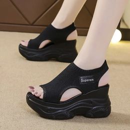 Summer Knitted Fish-mouth Shoes Fairy Wind Cake Sole High Heel Flying Weave Slope Heel Thick Sole Sports Womens Sandal 240419