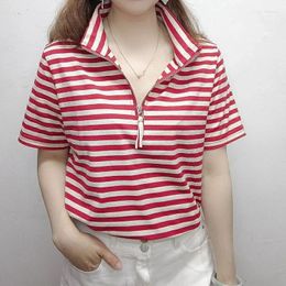 Women's Polos T-shirts Baggy Red Female Tee Striped Polo Clothing Trend 2024 Youth With Collar Korean Short Sleeve Pretty In Polyester