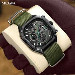 Wristwatches MEGIR Canvas Strap Quartz Watch For Men Square Large Dial Chronograph Luminous Hands Sport Casual Wristwatch With Date Clock