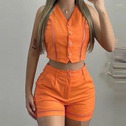 Women's Tracksuits Elegant Deep V-neck Vest Tops & Short Outfits 2024 Women Casaul Sleeveless Solid Set Fashion Lace Patchwork Button Slim