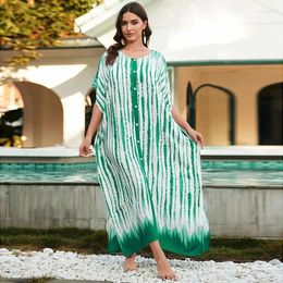 Cotton Green Striped Printed Tunic For Women Beach Cover Ups Summer Dress Outlet Kaftan Swimwear Bath Exits 2024