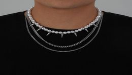 Chokers Three Layer Punk Rivet Pearl Beaded Choker Necklace Jewellery Men039s3166688