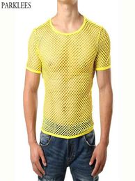 Yellow Mesh See Through Tshirt Men Sexy Short Sleeve Fishnet Transparent Tee Shirt Homme Hip Hop Streetwear Tops Tees 2107079077953