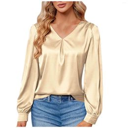 Women's Blouses Elegant For Women 2024 Temperament Satin Solid Colour Shirt Top Fashion V Neck Long Sleeve Commuter Blouse Tops