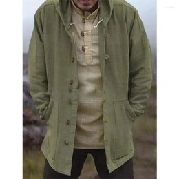 Men's Casual Shirts Fashion Vintage Solid Hooded Men Shirt Summer Sexy Long Sleeve Button Cardigan Thin Coat Spring Loose Windbreaker