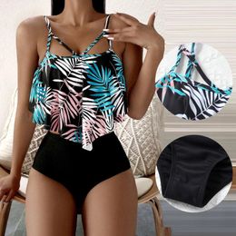 Women's Swimwear Summer Ruffled Women Spaghetti Strap Leaf Printed Irregular Bathing Suits High Waist Casual Swimsuits