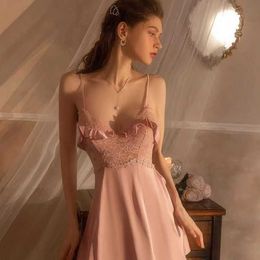 Women Sexy Skirt Effiel Sexy Pure Desire Ice Silk Pajamas Fun Small Breast Light Luxury with Chest Pads Lace Hanging Strap Sexy Sleeping Skirt