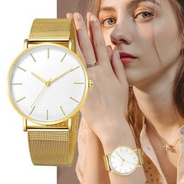 Wristwatches New Fashion Womens es Men 2024 Simple Gold Alloy Mesh Belt Dresses Ladies Wrist Casual Female Clock Zegarek Damski H240504