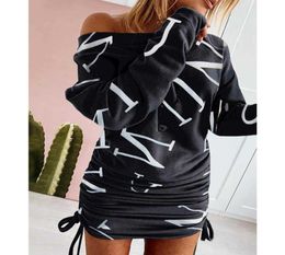 Woman Dress Fashion Sweater Dress Women Pullover Off Shoulder Print Drawstring Ruched Long Sleeve Dress Vestido De Mulher X07059671771