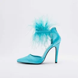 Dress Shoes Blue Pointy Toe Stiletto Heels Feather Trim Ankle Strap Pumps