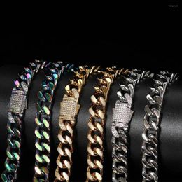 Chains 12mm Stainless Steel Round Cuban Miami Necklaces Bling Iced Out CZ Zircon Lock Link Chain For Men Hip Hop Rapper Jewelry