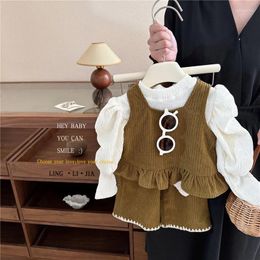 Clothing Sets Kids Girls Spring Autumn Set Korean Treasure Literary Artistic Lace Vest Bubble Sleeve Shirts Pants Three Piece Trendy