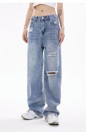 Women's Jeans Summer Blue Hole Thin Young Girl Street Straight Bottoms Vintage Casual Distressed Trousers Female Wide Leg Pants