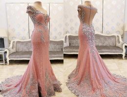 Luxury Lace Crystals Beaded Pink Evening Dresses Sheer Neck Mermaid Back Covered Buttons Sweep Train Saudi Arabia Party Dresses HY7999867