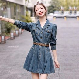 Casual Dresses 2024 Spring Fall Women Full Sleeve High Waisted Blue Denim Dress Woman Autumn 3xl Xxl