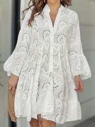 Casual Dresses Eyelet Front Button A-Line Dress Aesthetics Vacation Long Sleeve Shirt Women's Summer V-neck Loose Embroidery