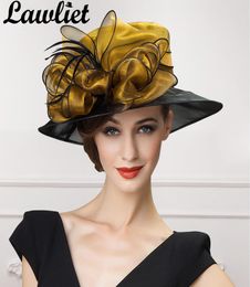 Lawliet luxury Women Fascinators Organza Bow Sun Hats Gold Grey Wide Brim Lady Kentucky Derby Race Wedding Hats Bride Mom039s H4065663