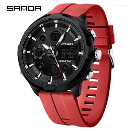 Wristwatches SANDA 9053 Men Electronic Watch Fashion Leisure Outdoors Date Chronograph Dual Display Red Silicone Strap Wrist Watches For