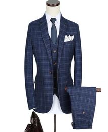 Brand Quality Suit Men Slim Fit Plaid Suits For Work Blue Burgundy Tuxedo Jacket Mens 3 Piece Grey Wedding Dress Men039s Blaz2019903