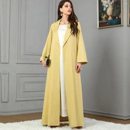 Ethnic Clothing Abaya Muslim Woman Dress Long Sleeves Dubai Turkey Yellow Lapel Jacket Modest Islam Hijab Robe Elegant Dresses 3799