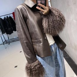 Women's Leather YOLOAgain Real Jacket Women Mongolia Sheep Fur Collar Cuffs 2024 Autumn