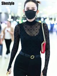 Women's T Shirts Shestyle Mesh Transparent T-Shirt Women Sheer Printed Turtleneck Pink Full Sleeve Basic Skinny Elastic Spring Tops Drop